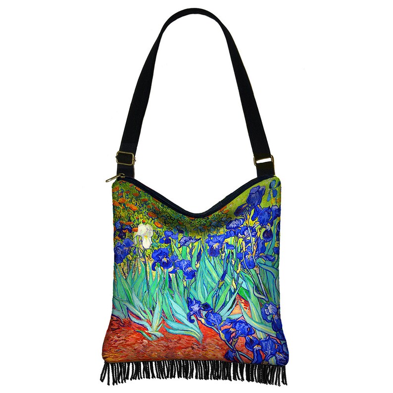 Cross Body Handbag Van Gogh Irises Boho Bag Crossbody Purse Hippie Fringe Bag Hobo Slouch Shoulder Bag pockets blue orange green RTS image 3