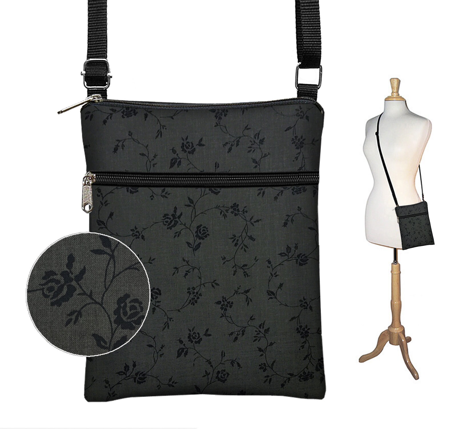 Travel Purse zipper pocket Small Cross Body Purse Shoulder Bag charcoal gray MTO Black Crossbody Bag Rose Vine Floral Fabric Handbag