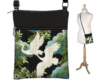 Heron Print Small Crossbody Bags, Japanese Art,  Asian Floral Fabric Handbags, Boho Bag, Cross Body Purse, Shoulder Bag blue green black RTS