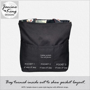 Puede incluir: Una bolsa de mano negra girada del rev&eacute;s para mostrar la disposici&oacute;n de los bolsillos. La bolsa tiene tres bolsillos: un bolsillo central para el tel&eacute;fono m&oacute;vil y dos bolsillos laterales de 15 cm de ancho por 20 cm de profundidad. El texto "Bag turned inside out to show pocket layout." est&aacute; escrito debajo de la bolsa. El texto "NOTE: Sample shown is same style bag but with different straps." est&aacute; escrito debajo del texto.