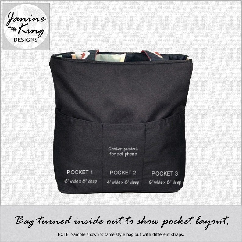 Puede incluir: Una bolsa de mano negra girada del rev&eacute;s para mostrar la disposici&oacute;n de los bolsillos. La bolsa tiene tres bolsillos: un bolsillo central para el tel&eacute;fono m&oacute;vil y dos bolsillos laterales de 15 cm de ancho por 20 cm de profundidad. El texto "Bag turned inside out to show pocket layout." est&aacute; escrito debajo de la bolsa. El texto "NOTE: Sample shown is same style bag but with different straps." est&aacute; escrito debajo del texto.