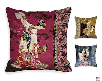 Indoor / Outdoor Geisha Art Pillow Cover, Asian Chinoiserie Pillow Cover 18 x 18 inch, 20x20 +more Japanese Fabric, blue red gold Zipper MTO