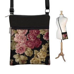 Small Crossbody Bag in Vintage Shabby Rose  Cross Body Purse  Black Shoulder Bag  Victorian Roses Fabric Handbag  Travel Bag  Art Bag RTS