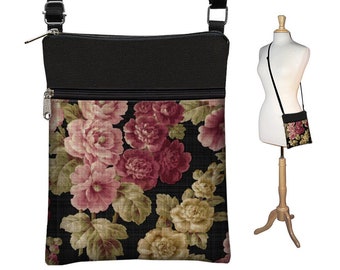 Small Crossbody Bag in Vintage Shabby Rose  Cross Body Purse  Black Shoulder Bag  Victorian Roses Fabric Handbag  Travel Bag  Art Bag RTS