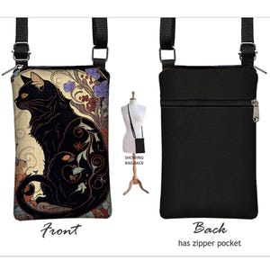 Cell Phone Case Crossbody Bag with Zipper Pocket Art Nouveau Black Cat Fits all iPhone Models incl iPhone 17 Pro Max Cat Lover Gift RTS
