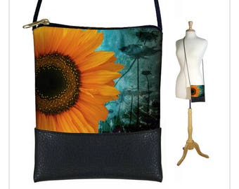 Small Cross Body Bag  Shoulder Bag Purse  Mini Crossbody Bag  Cell Phone Purse  Rustic Sunflower Floral  blue, yellow, black RTS