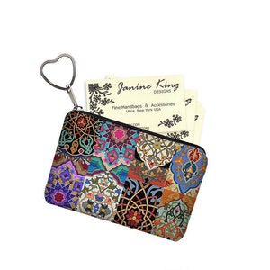 Colorful Boho Small Zipper Pouch Coin Purse Keychain Key Fob Business Card Case Purse Organizer Asian Bohemian Jewel Tones RTS image 2