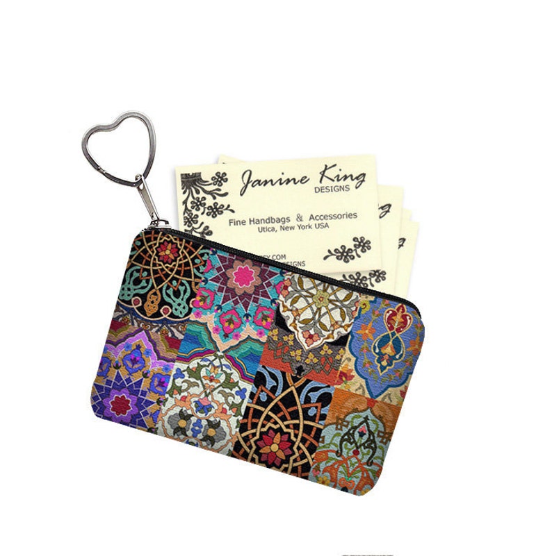 Colorful Boho Small Zipper Pouch Coin Purse Keychain Key Fob Business Card Case Purse Organizer Asian Bohemian Jewel Tones RTS image 2
