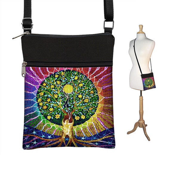 Tree of Life Cross Body Purse  Colorful Fabric Handbags  Small Crossbody Bags  Boho Bag  Shoulder Bag  Travel Bag fits eReader, Passport RTS