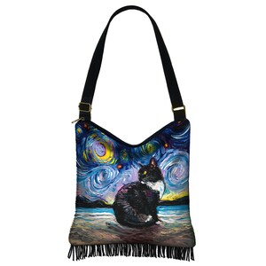 SG Tuxedo Cat Fringe Purse Starry Night Hippie Bag Boho Hobo Bag Crossbody Purse Van Gogh Cat Fabric Purse Tuxedo Cat Gifts RTS image 2