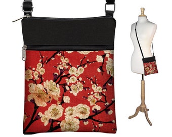Small Crossbody Bag  Cross Body Purse  Shoulder Bag Purse  Japanese Fabric Handbags  Travel Bag   Art Bag, Cherry Blossom  Red Black RTS