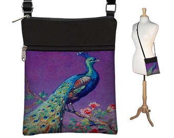 Crossbody Bag  Bohemian Bag  Cross Body Purse  Purple Peacock Purse  Boho Fabric Handbags   Small Shoulder Bag with zippers teal blue RTS