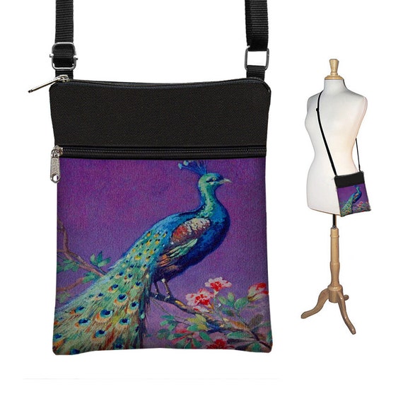 Crossbody Bag  Bohemian Bag  Cross Body Purse  Purple Peacock Purse  Boho Fabric Handbags   Small Shoulder Bag with zippers teal blue RTS