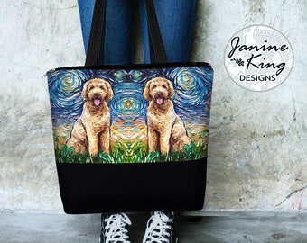 SG Golden Doodle Large Tote Bag with Pockets  Dog Lover Gift  Canvas Tote Bag w Zipper  Bohemian Diaper Bag Blue  Starry Night Art Bag RTS