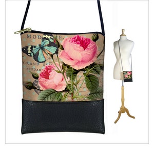 Piccola borsa a tracolla Mini borsa a tracolla Cottage Chic borsa a tracolla Shabby Rose Floral Blue Butterfly Paris Post Card, Vittoriano, RTS