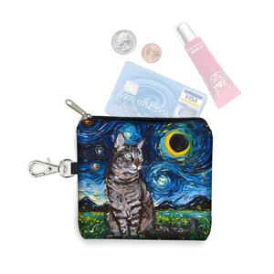 Monedero pequeño con cremallera SG Tabby Cat, llavero, regalo de gato Van Gogh, llavero, tarjetero de tela Noche estrellada Luna azul celestial RTS imagen 2
