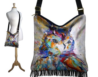 KT Impressionist Owl Art Bag  Bohemian Fringe Purse  Owl Gifts  Hippie Bag  Boho Hobo Bag  Cross Body Purse, Owl Fabric Purse RTS