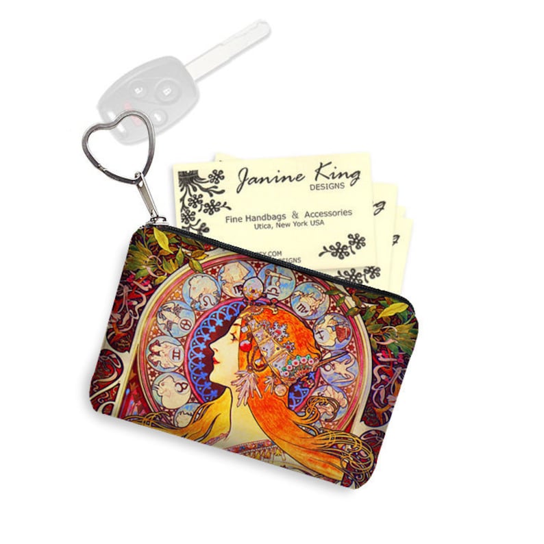 Small Zipper Pouch Coin Purse Keychain Key Fob Business Card Holder Purse Organizer Mucha Zodiac Art Nouveau Woman blue orange fabric MTO