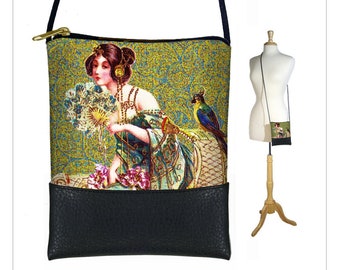 Bohemian Cross body bag  Boho sling bag   Art Nouveau  Lady with Parrot  Paisley Cell phone purse  Small shoulder bag, blue green gold RTS