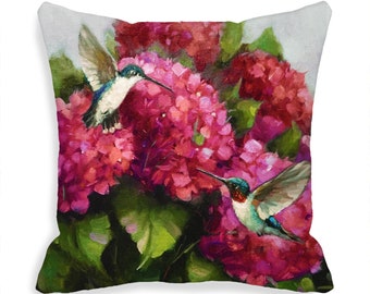 Hummingbird Hydrangea Indoor Outdoor Pillow Cover with Zipper   Hummingbird Lover Gifts  purple blue orange red  16x16  18x18  20x20 MTO