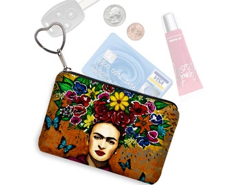 Zipper Coin Purse in Frida Kahlo Print  Multicolored Keychain  Frida Kahlo Bag  Business Card Case  Small Zipper Pouch Purse organizer QCK