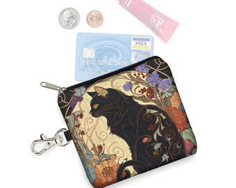 Black Cat Small Zipper Pouch Coin Purse Keychain  Art Nouveau Fabric Key Fob Credit Card Holder Cat Lover Cat Gifts for Women QCK