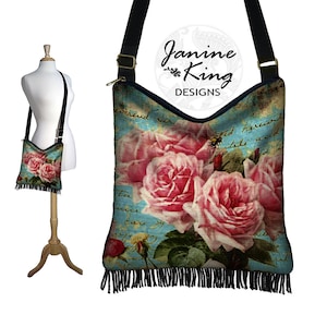 Bolso de tela estilo hobo con flecos, estilo bohemio hippie, bandolera para mujer, bolso de hombro, postal victoriana de París con rosas, azul, rosa y negro, listo para enviar.