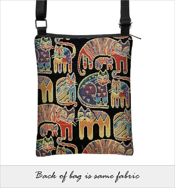 Laurel Burch Cats Small Crossbody Bag Vintage Tapestry Fabric Metallic Tapestry Bag Cross Body Purse with Zipper Pocket Cat Lover Gifts RTS