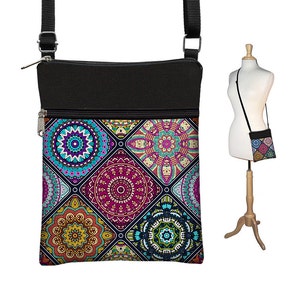 Bolso bandolera bohemio, bolso bandolera de tela bohemio, bolso de hombro pequeño con cremalleras, mandala colorido, azul, morado, naranja, RTS