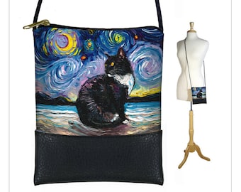 SG Tuxedo Cat Small Crossbody Bag Starry Night Cell phone purse  Mini shoulder bag Unique Cat Gift Crescent Moon Art Bag blue black RTS