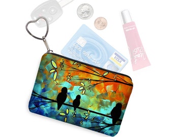 MadArt  Zipper Coin Purse Keychain Fob  Business Card Case Small Zipper Pouch Birds on a Wire blue orange bridesmaid gift RTS