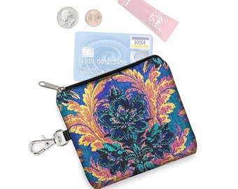 Boho Damask Small Zipper Pouch  Bohemian Fabric Coin Purse Keychain  Vintage Fabric Key Fob  Credit Card Holder  colorful blue black QCK