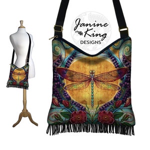 Bohemian Dragonfly Fabric Hippie Bag  Hobo Purse  Crossbody Bag  Gyspy Boho Fringe Bag  zipper  pockets, blue purple gold red RTS