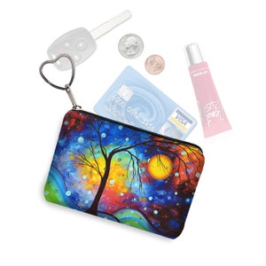 MadArt Small Zipper Pouch Coin Purse Keychain Business Card Holder Key Fob  Winter Sparkle fabric pouch  blue purple yellow red RTS