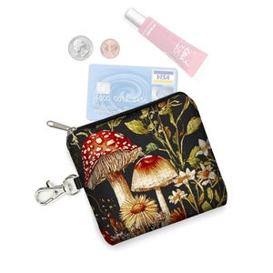Portachiavi con piccola borsa con cerniera in tessuto Boho Mushroom, portamonete floreale, porta carte di credito, margherite, girasoli, nero, rosso, verde, giallo RTS