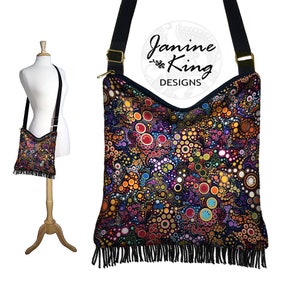 Boho Fransen Geldbörse Hippie Tasche Hobo Geldbörse Crossbody Bag Boho Stofftasche Cross Body Purse bunte Kreise Punkte schwarz blau orange RTS