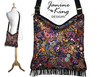 Bohemian Fringe Purse Hippie Bag Hobo Purse Crossbody Bag Boho Fabric Bag Cross Body Purse Colorful circles dots black blue orange QCK
