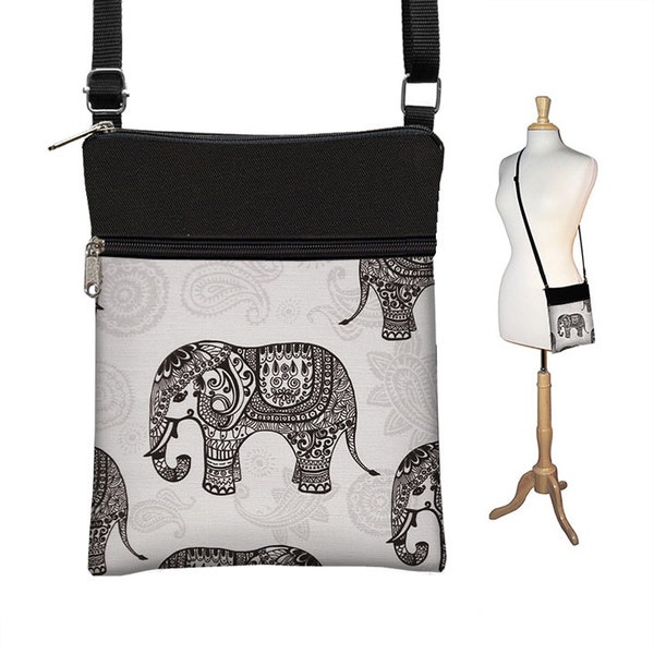 Sling Bag Shoulder Purse Elephant Cross Body Bag Small Travel Purse Zipper Fits eReaders Paisley Gray Black RTS