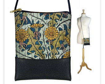 Dandelion Fabric Cross body bag  Verneuil Art Nouvea Floral Cell phone purse  Small shoulder bag  Blue Crossbody Purse  vegan leather MTO