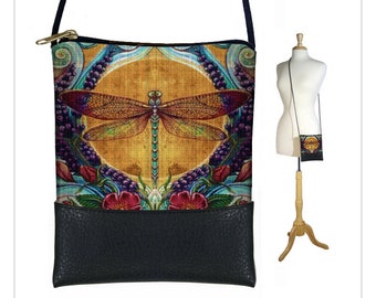 Cross body bag  Boho sling bag  Bohemian Dragonfly Purse  Cell phone purse  Small shoulder bag  Art Nouveau, blue purple red gold RTS