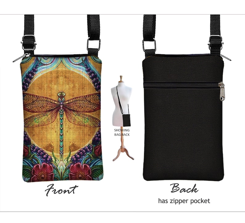 May include: A small crossbody bag with a dragonfly design on the front. The bag has a zipper pocket on the back. The dragonfly is yellow, orange, and green on a yellow background. The bag is black with a black strap.