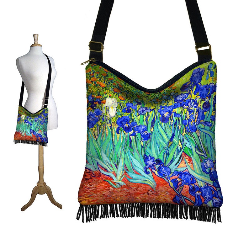 Cross Body Handbag Van Gogh Irises Boho Bag Crossbody Purse Hippie Fringe Bag Hobo Slouch Shoulder Bag pockets blue orange green RTS image 2