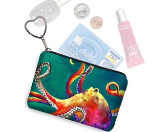 Clara Nilles Small Zipper Pouch Octopus Steampunk Coin Purse Keychain Business Card Holder Key Fob  fabric pouch teal green pink QCK