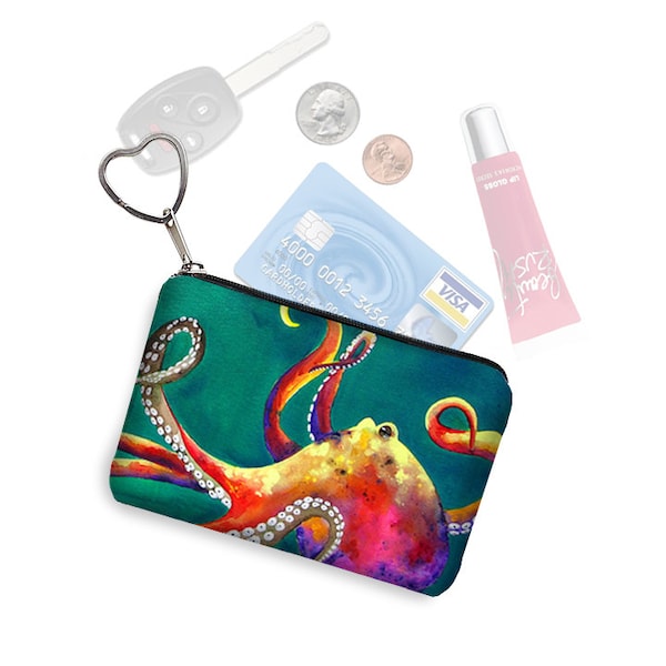 Clara Nilles Small Zipper Pouch Octopus Steampunk Coin Purse Keychain Business Card Holder Key Fob  fabric pouch teal green pink QCK