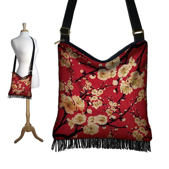 Hippie Tasche mit ReiBverschluss Fransen Geldborse Boho Hobo Bag Crossbody Geldborse Boho Schultertasche Asiatische Kirsche Bossom Stofftasche rot schwarz RTS Etsy