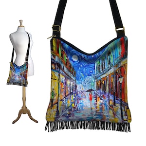 KT New Orleans French Quarter Fringe Purse  Starry Night Impressionist Art Painting  Hippie Purse  Blue Hobo Bag  Crossbody Shoulder Bag RTS