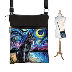 SG Schwarz Deutscher Schäferhund Kleine Umhängetasche Damen Sternennacht Stoff Geldbörsen Cross Body Geldbörse Schultertasche Schäferhund Geschenke MTO