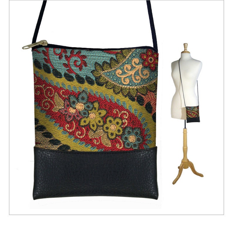 Small Cross body purse Bohemian Shoulder Bag Boho sling bag Hipster Tapestry Bag Paisley Handmade Handbag red blue gold black QCK image 1