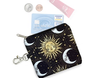 Black Coin Purse, Keychain Fob, Credit Card Holdder, Bridesmaid Gift, Small Zipper Pouch, Celestial Art, Sun Moon, black white yellow RTS