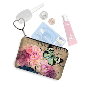 Small Zipper Pouch Coin Purse Keychain Key Fob Business Card Holder Purse Organizer, Cottage Chic Floral, Hydrangea, Butterfly, Pink RTS